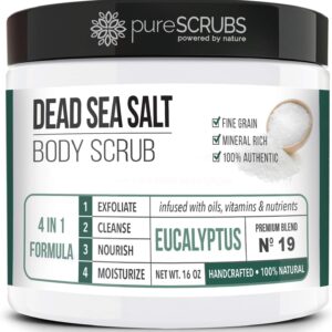 pureSCRUBS Premium Eucalyptus Body Scrub Set - Large 16oz Dead Sea Salt Body Scrub With Infused Essential Oils & Nutrients, Includes Wooden Spoon, Loofah & Oatmeal Exfoliating Bar Soap