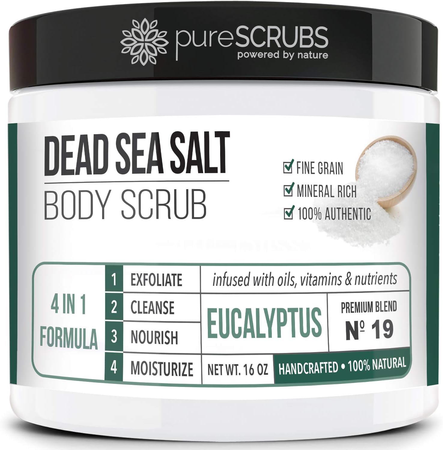 pureSCRUBS Premium Eucalyptus Body Scrub Set - Large 16oz Dead Sea Salt Body Scrub With Infused Essential Oils & Nutrients, Includes Wooden Spoon, Loofah & Oatmeal Exfoliating Bar Soap