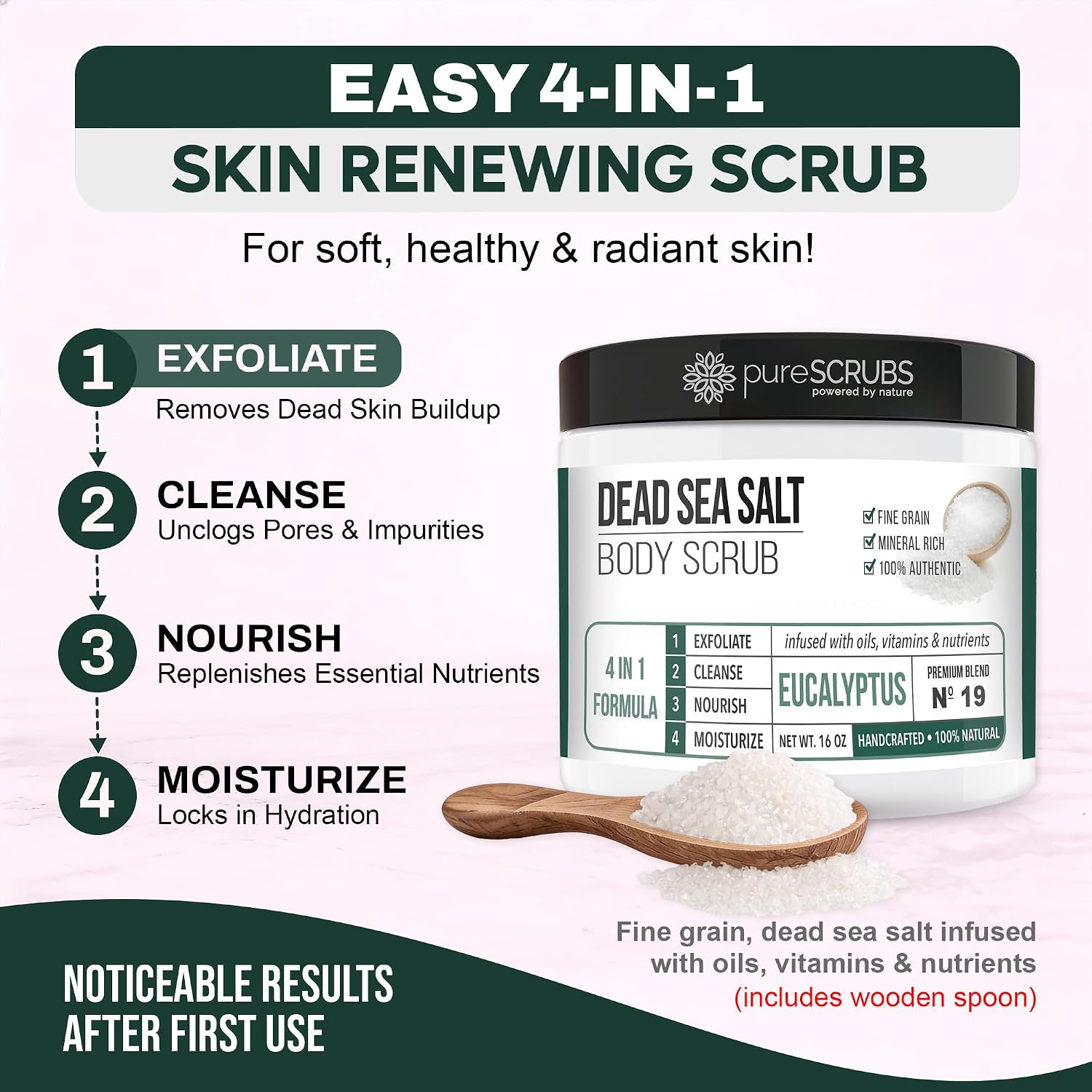 pureSCRUBS Premium Eucalyptus Body Scrub Set - Large 16oz Dead Sea Salt Body Scrub With Infused Essential Oils & Nutrients, Includes Wooden Spoon, Loofah & Oatmeal Exfoliating Bar Soap - Image 3
