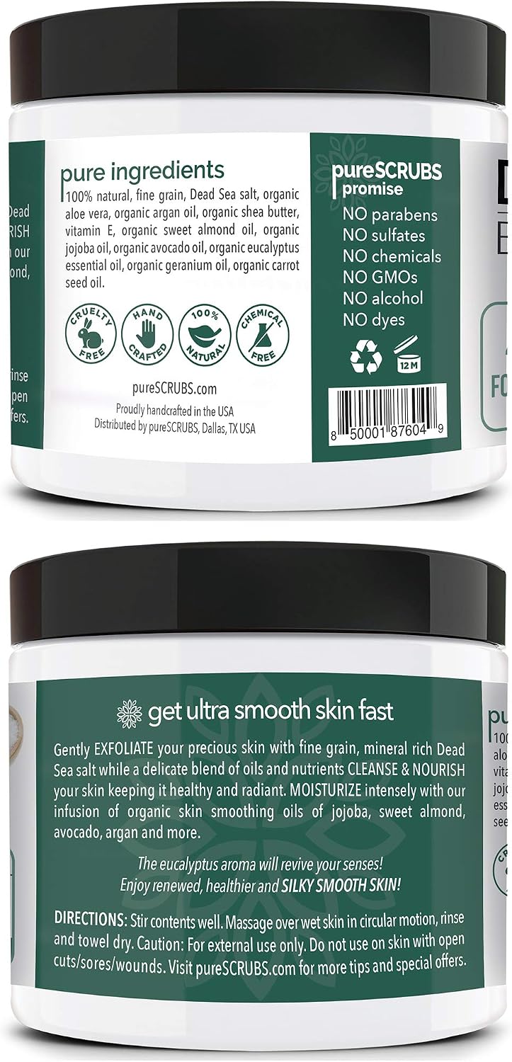 pureSCRUBS Premium Eucalyptus Body Scrub Set - Large 16oz Dead Sea Salt Body Scrub With Infused Essential Oils & Nutrients, Includes Wooden Spoon, Loofah & Oatmeal Exfoliating Bar Soap - Image 6