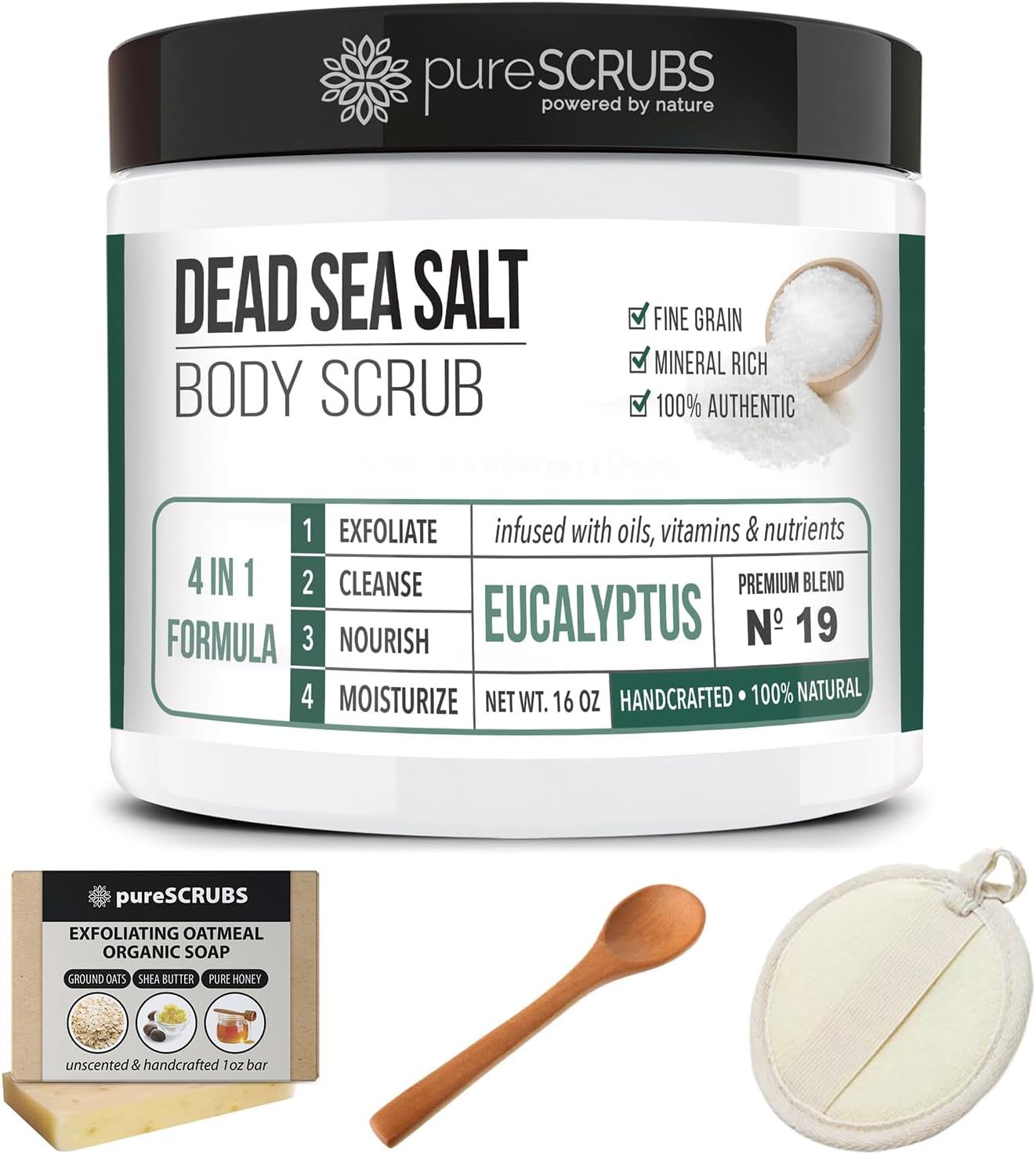 pureSCRUBS Premium Eucalyptus Body Scrub Set - Large 16oz Dead Sea Salt Body Scrub With Infused Essential Oils & Nutrients, Includes Wooden Spoon, Loofah & Oatmeal Exfoliating Bar Soap - Image 8